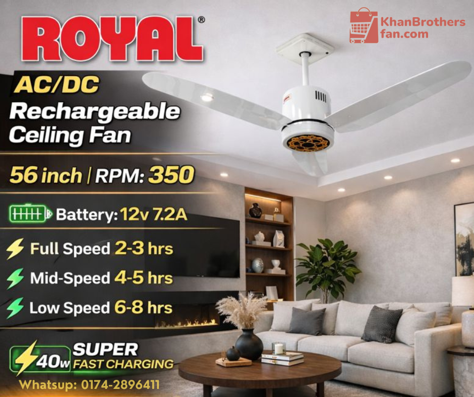 Royal AC/DC Rechargeable Ceiling Fan 56 inch | Inverter Fan | 12V Battery Backup | Super Fast Charging | Made in Pakistan