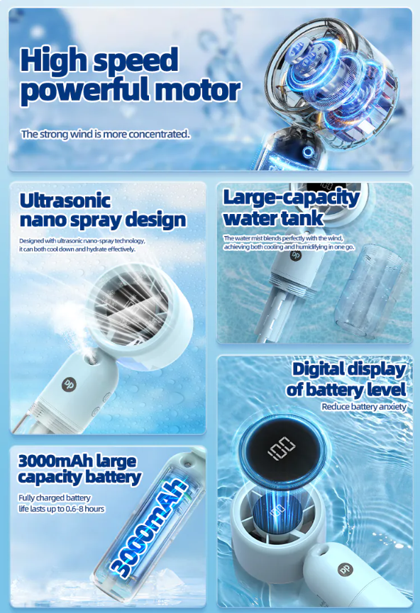 DP-7645 Portable Rechargeable Mist Spray Turbo Fan 3000mAh – Ice Cooling Handheld Mini Fan with Water Spray & Digital Display - Image 8
