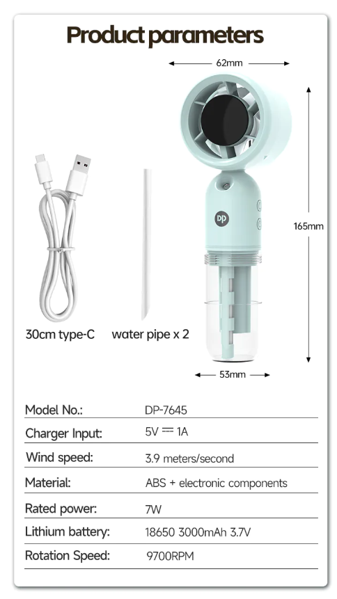DP-7645 Portable Rechargeable Mist Spray Turbo Fan 3000mAh – Ice Cooling Handheld Mini Fan with Water Spray & Digital Display - Image 11