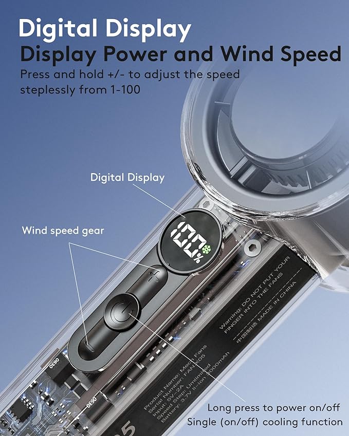 X05 Handheld Turbo Cooling Rechargeable Fan | 3000mAh Battery | 100 Speed Levels | Digital Display | Cold Compress Ice Technology - Image 7