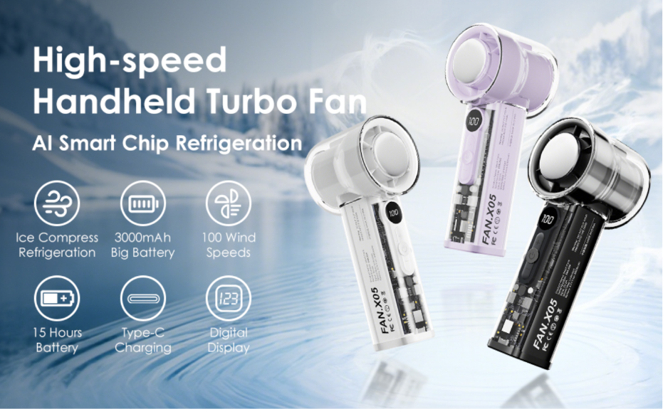 X05 Handheld Turbo Cooling Rechargeable Fan | 3000mAh Battery | 100 Speed Levels | Digital Display | Cold Compress Ice Technology - Image 5