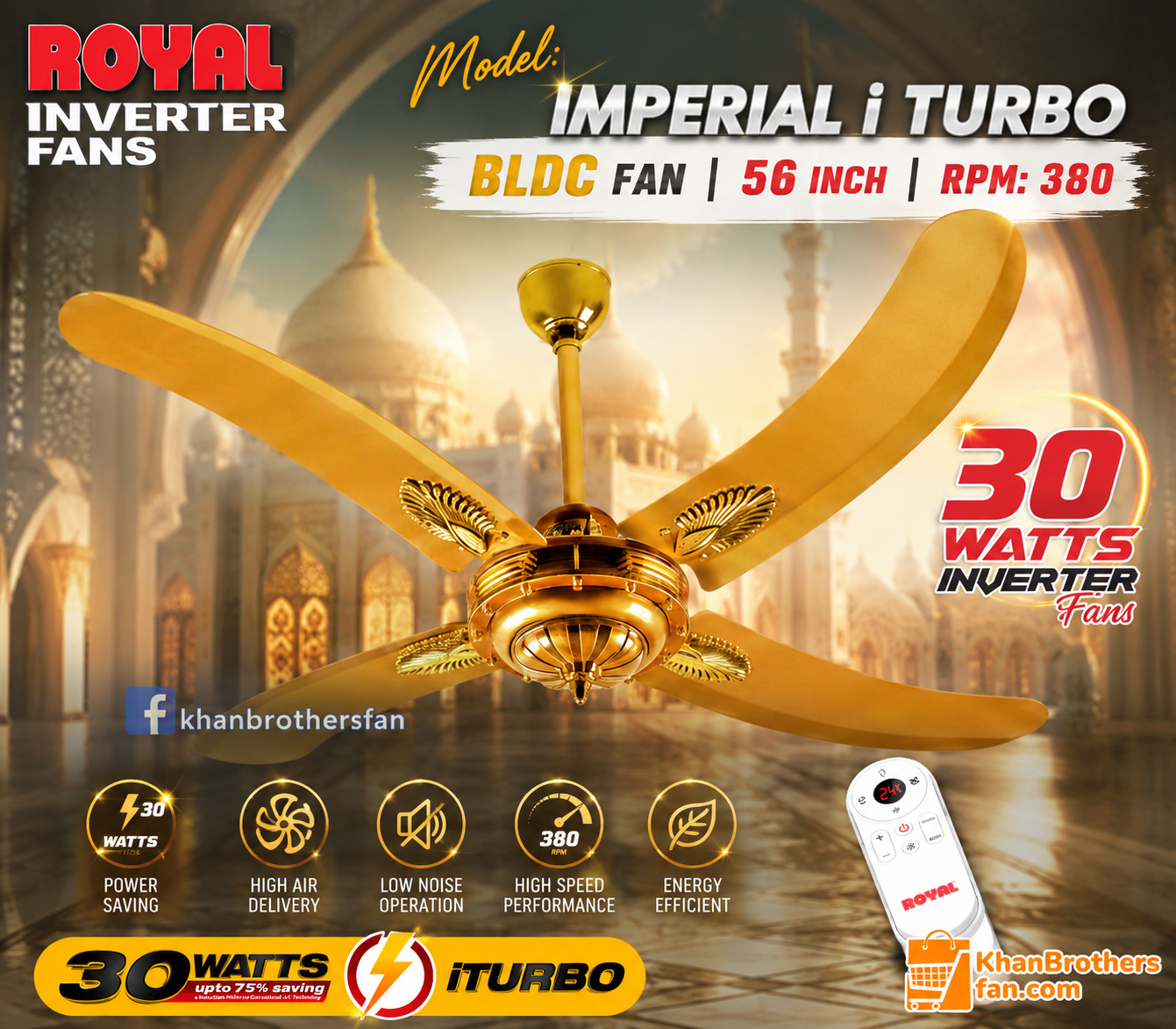 Royal iTurbo BLDC Ceiling Fan 56 Inch | Model: Imperial 4 blade | 30 Watt Energy Saving Fan | iTurbo Mode 380 RPM | Remote Control | Pakistan