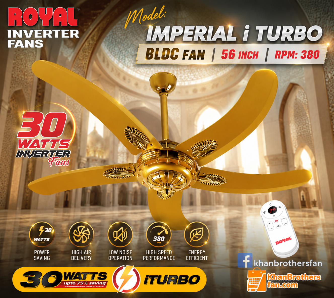 Royal iTurbo BLDC Ceiling Fan 56 Inch | Model: Imperial 5 blade | 30 Watt Energy Saving Fan | iTurbo Mode 380 RPM | Remote Control | Pakistan