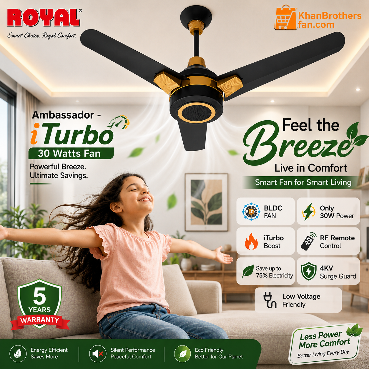 Royal Ambassador iTurbo 30 Watts BLDC Ceiling Fan | RF Remote Control | 4KV Surge Guard | Low Voltage Friendly | Energy Saving Fan | 05 years Warranty | Made in Pakistan
