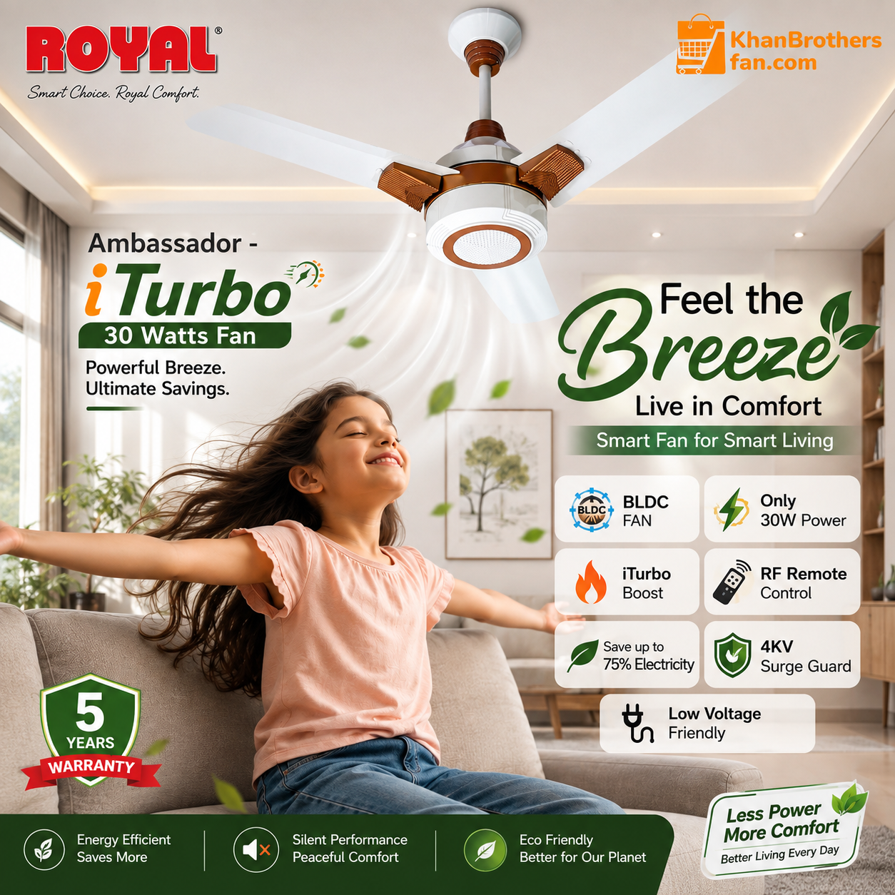 Royal Ambassador iTurbo 30 Watts BLDC Ceiling Fan | RF Remote Control | 4KV Surge Guard | Low Voltage Friendly | Energy Saving Fan | 05 years Warranty | Made in Pakistan - Image 2