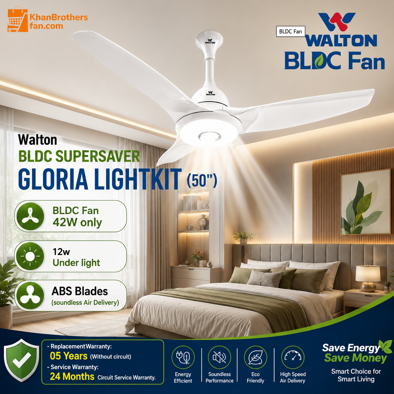Walton BLDC Supersaver Gloria Lightkit 50" Ceiling Fan | 42W BLDC Fan | 12W Under Light | ABS Soundless Blade | IR Remote Control